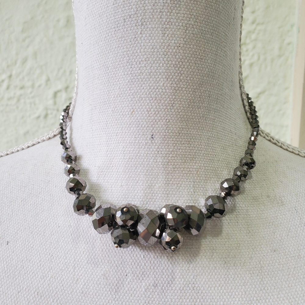 Silver Tone Glass Faceted Necklace Choker 16"-18"